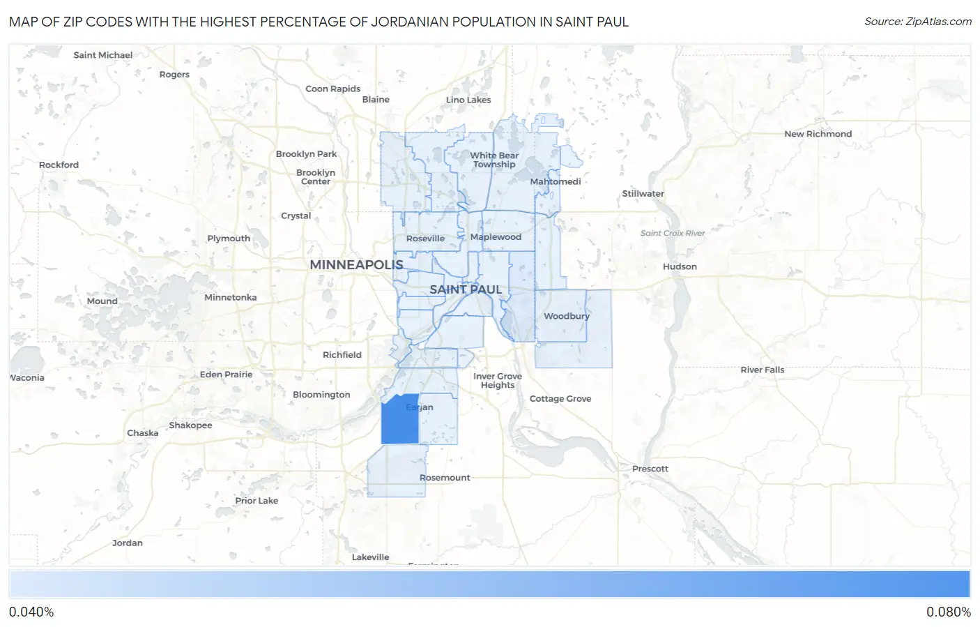 Zip Codes with the Highest Percentage of Jordanian Population in Saint Paul Map