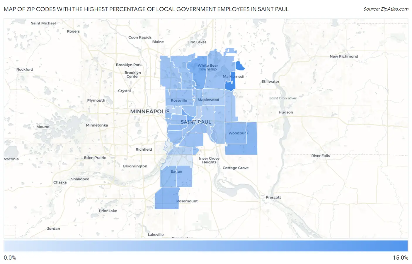 Zip Codes with the Highest Percentage of Local Government Employees in Saint Paul Map