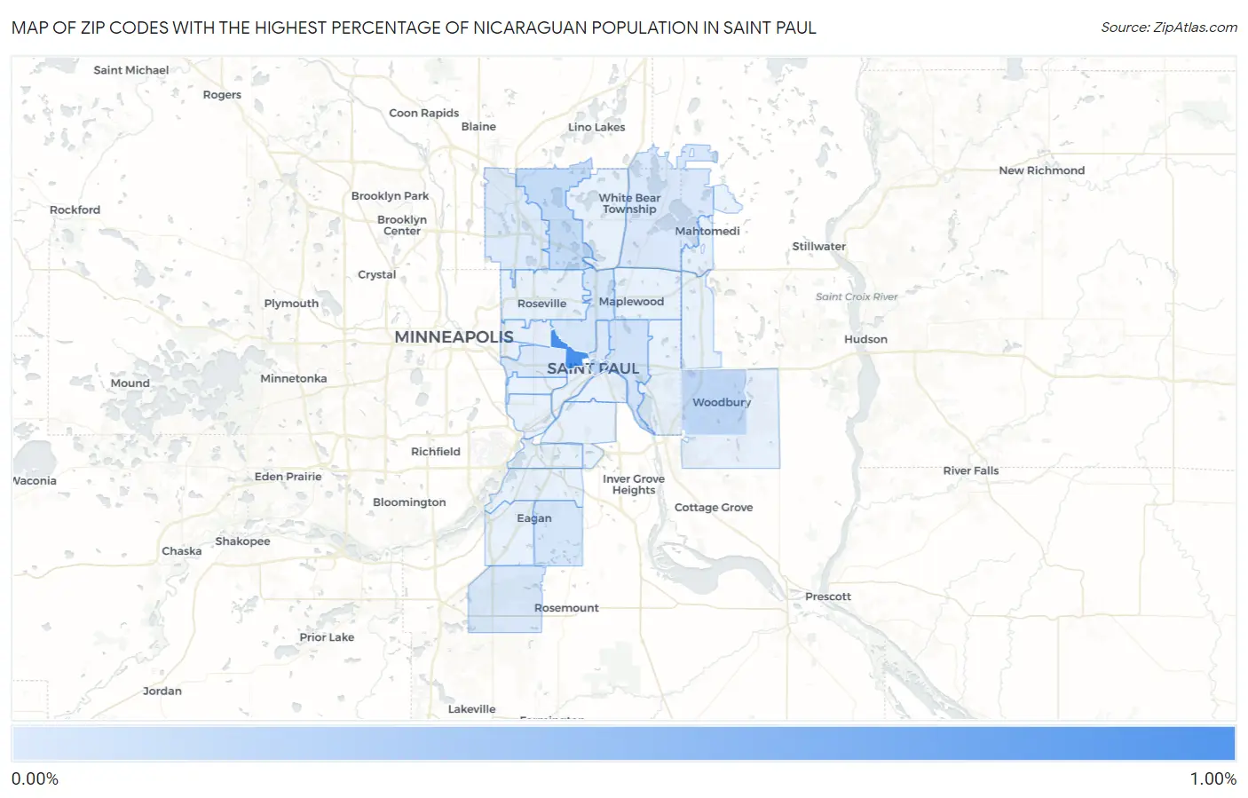 Zip Codes with the Highest Percentage of Nicaraguan Population in Saint Paul Map