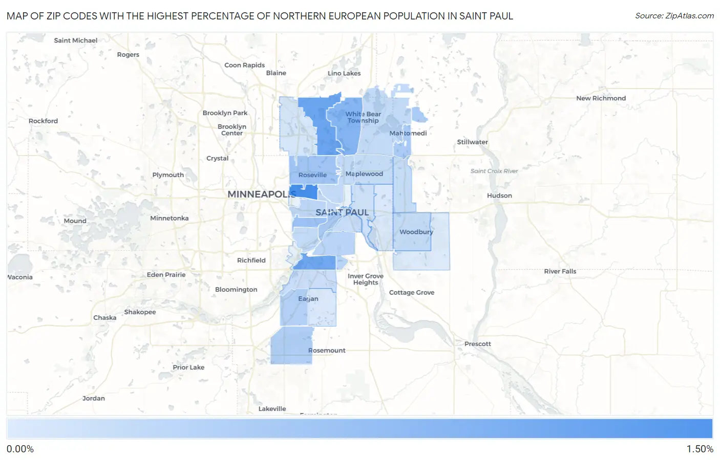 Zip Codes with the Highest Percentage of Northern European Population in Saint Paul Map