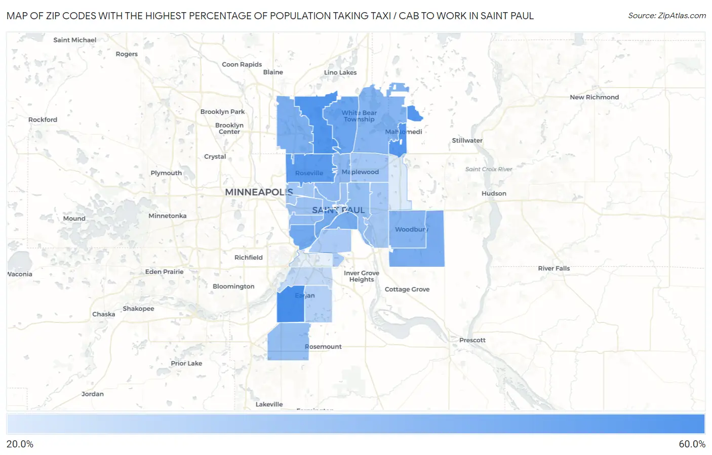 Zip Codes with the Highest Percentage of Population Taking Taxi / Cab to Work in Saint Paul Map