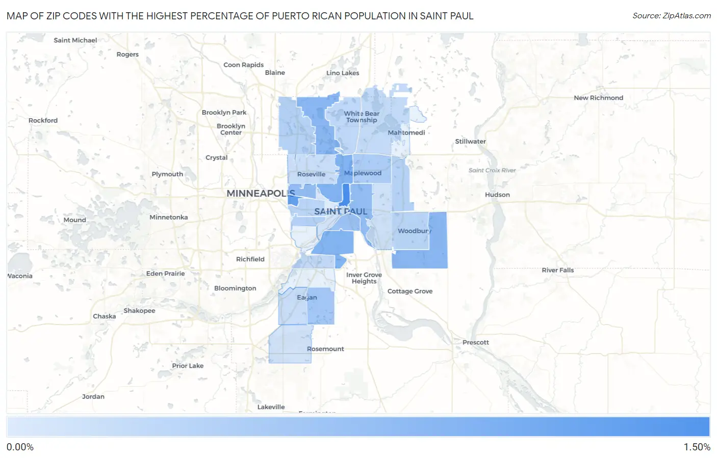Zip Codes with the Highest Percentage of Puerto Rican Population in Saint Paul Map