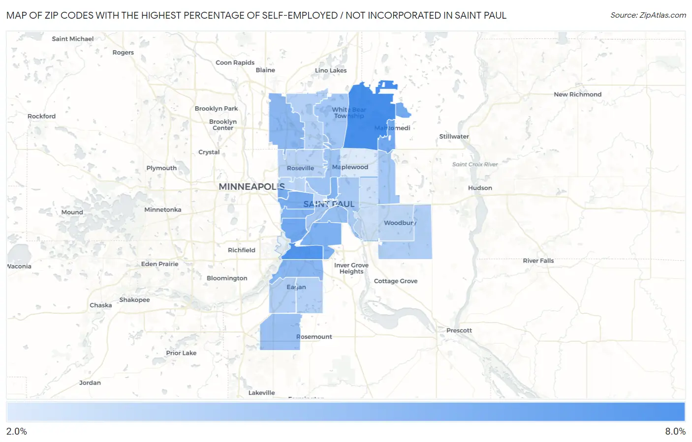Zip Codes with the Highest Percentage of Self-Employed / Not Incorporated in Saint Paul Map