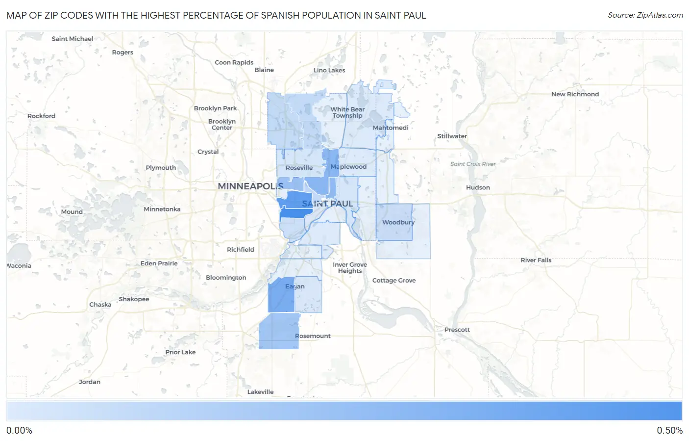 Zip Codes with the Highest Percentage of Spanish Population in Saint Paul Map