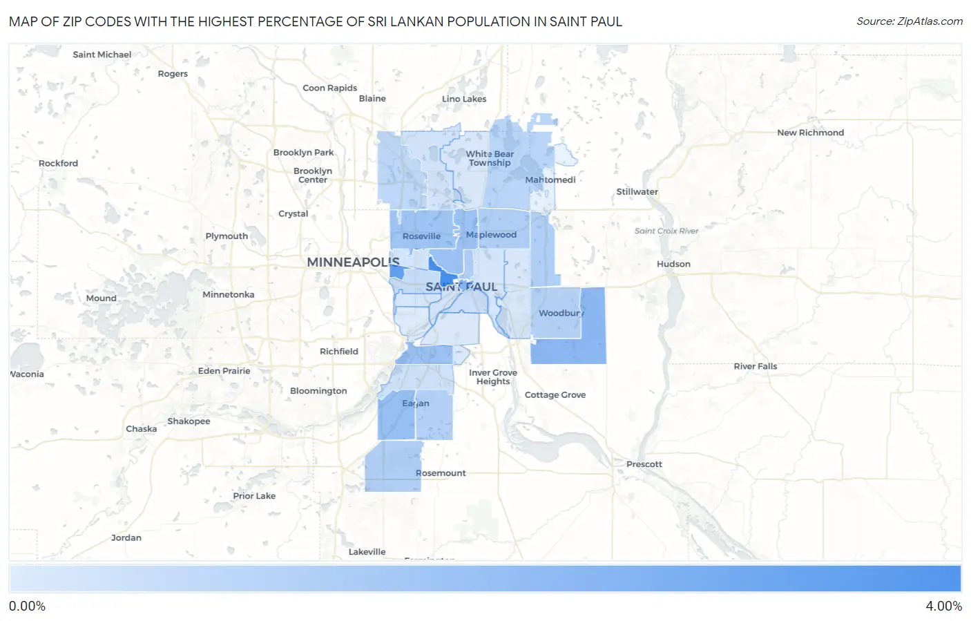 Zip Codes with the Highest Percentage of Sri Lankan Population in Saint Paul Map