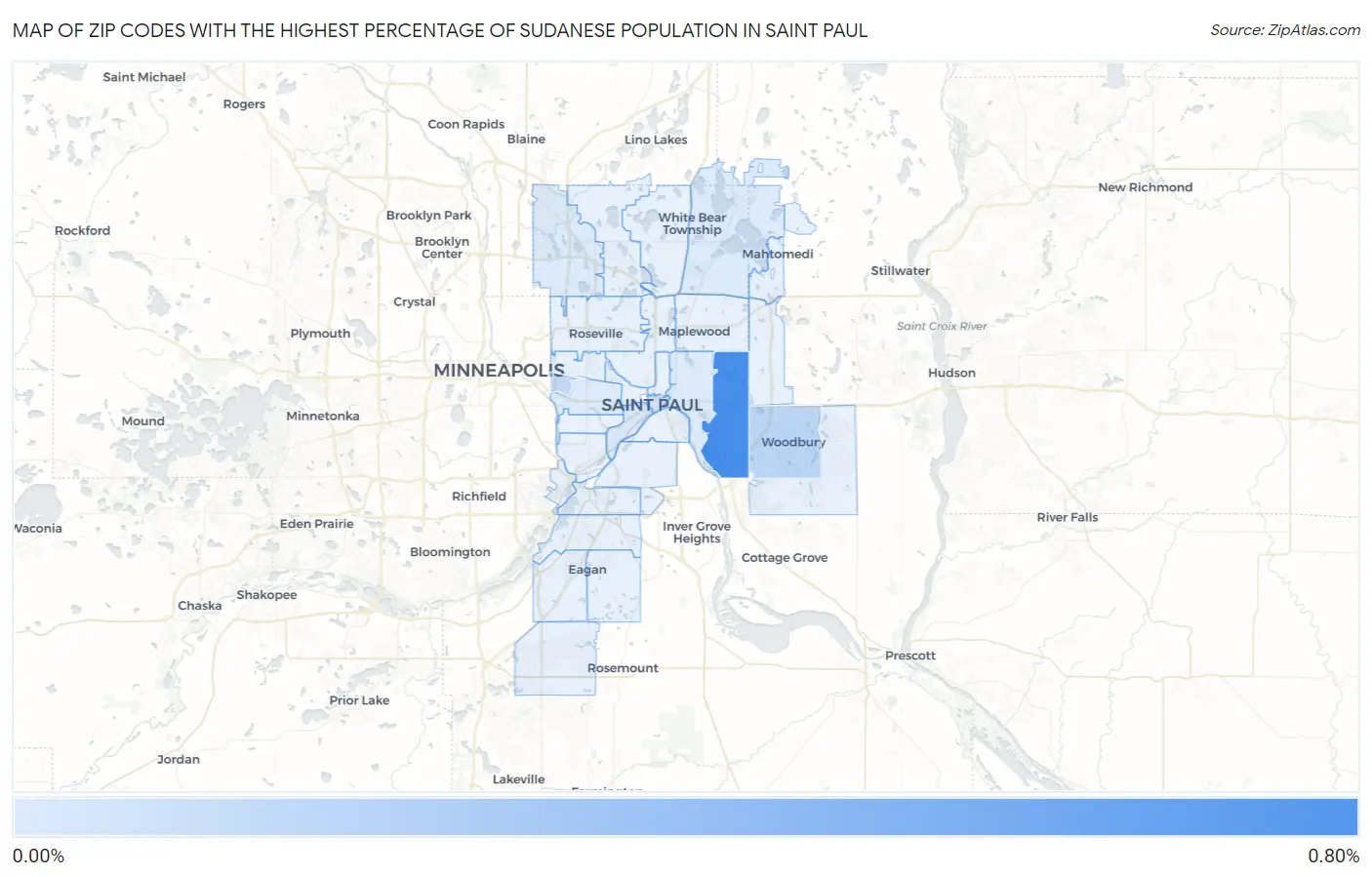 Zip Codes with the Highest Percentage of Sudanese Population in Saint Paul Map