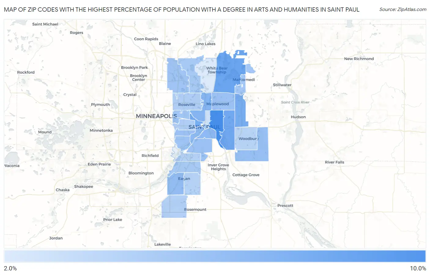 Zip Codes with the Highest Percentage of Population with a Degree in Arts and Humanities in Saint Paul Map