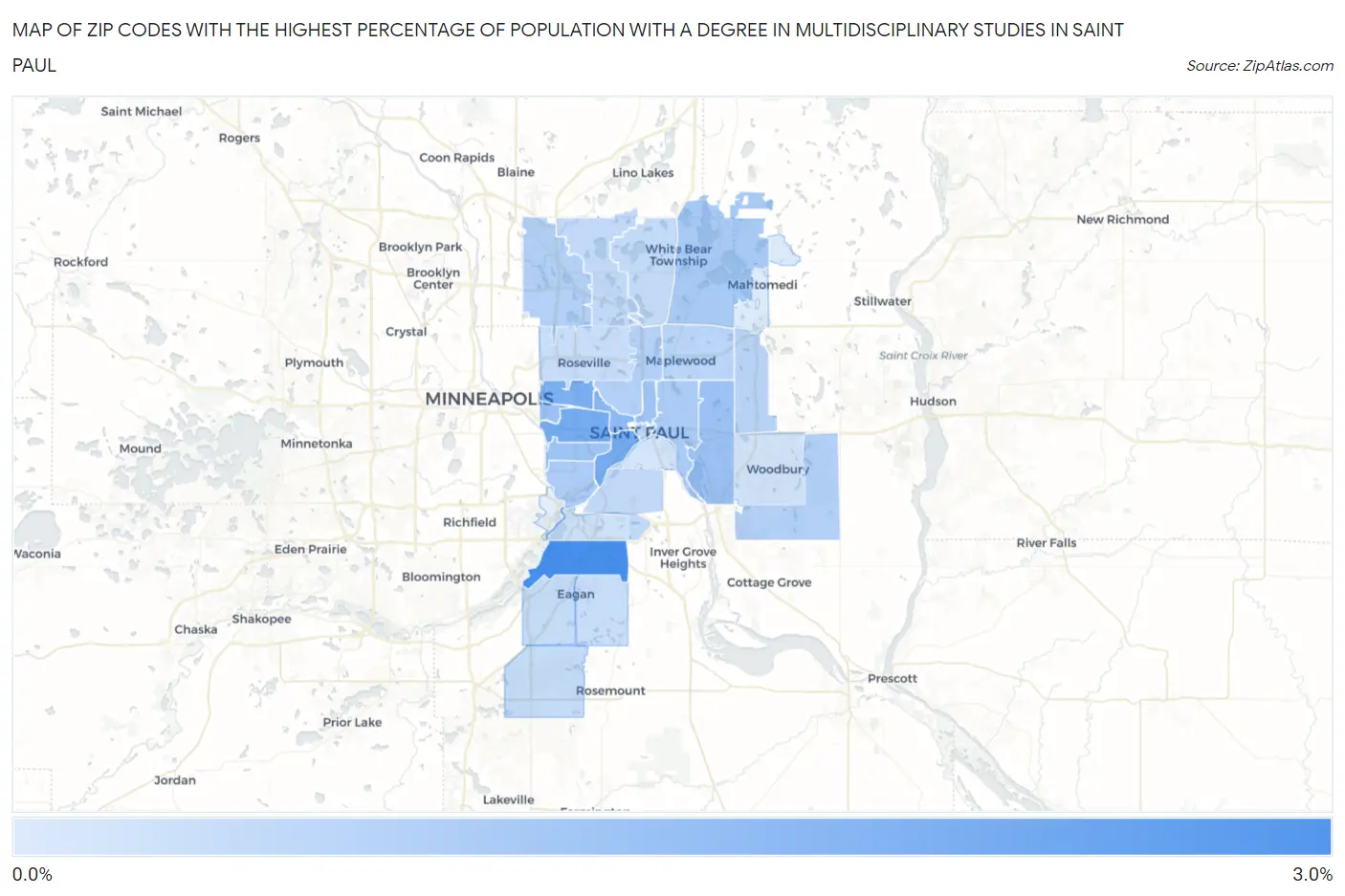 Zip Codes with the Highest Percentage of Population with a Degree in Multidisciplinary Studies in Saint Paul Map