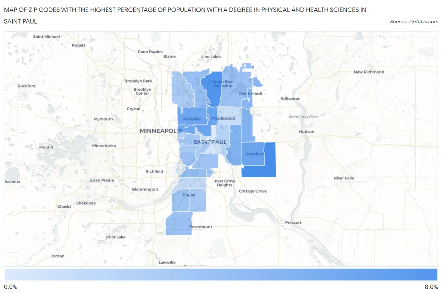 Zip Codes with the Highest Percentage of Population with a Degree in Physical and Health Sciences in Saint Paul Map