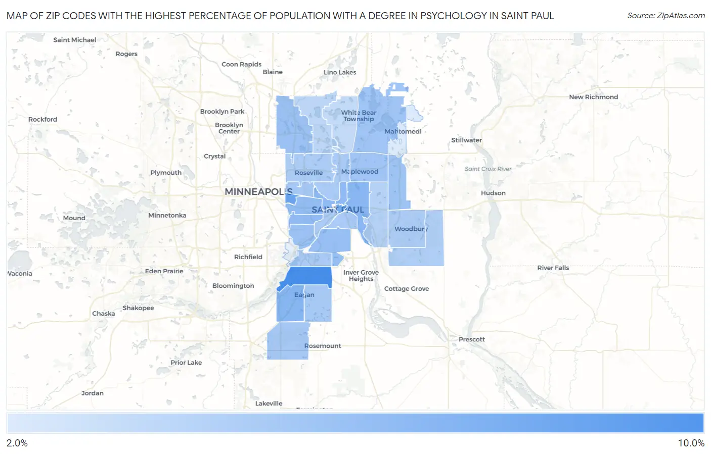 Zip Codes with the Highest Percentage of Population with a Degree in Psychology in Saint Paul Map