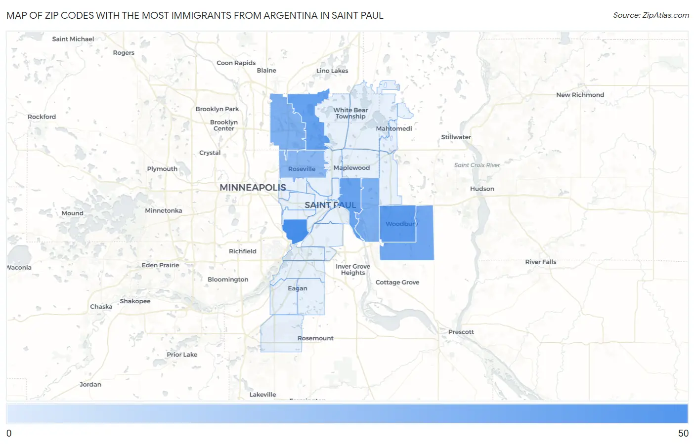 Zip Codes with the Most Immigrants from Argentina in Saint Paul Map