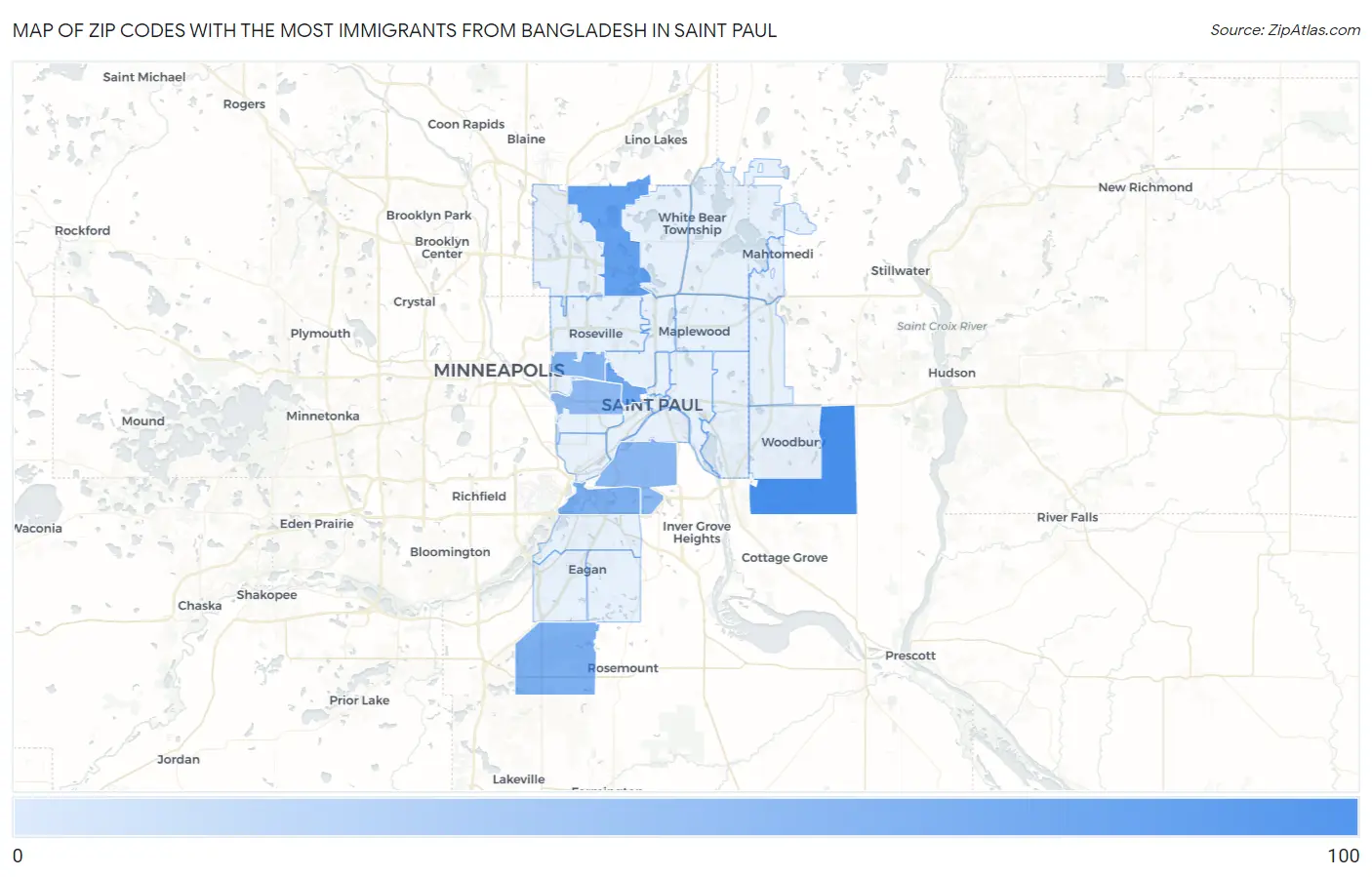 Zip Codes with the Most Immigrants from Bangladesh in Saint Paul Map