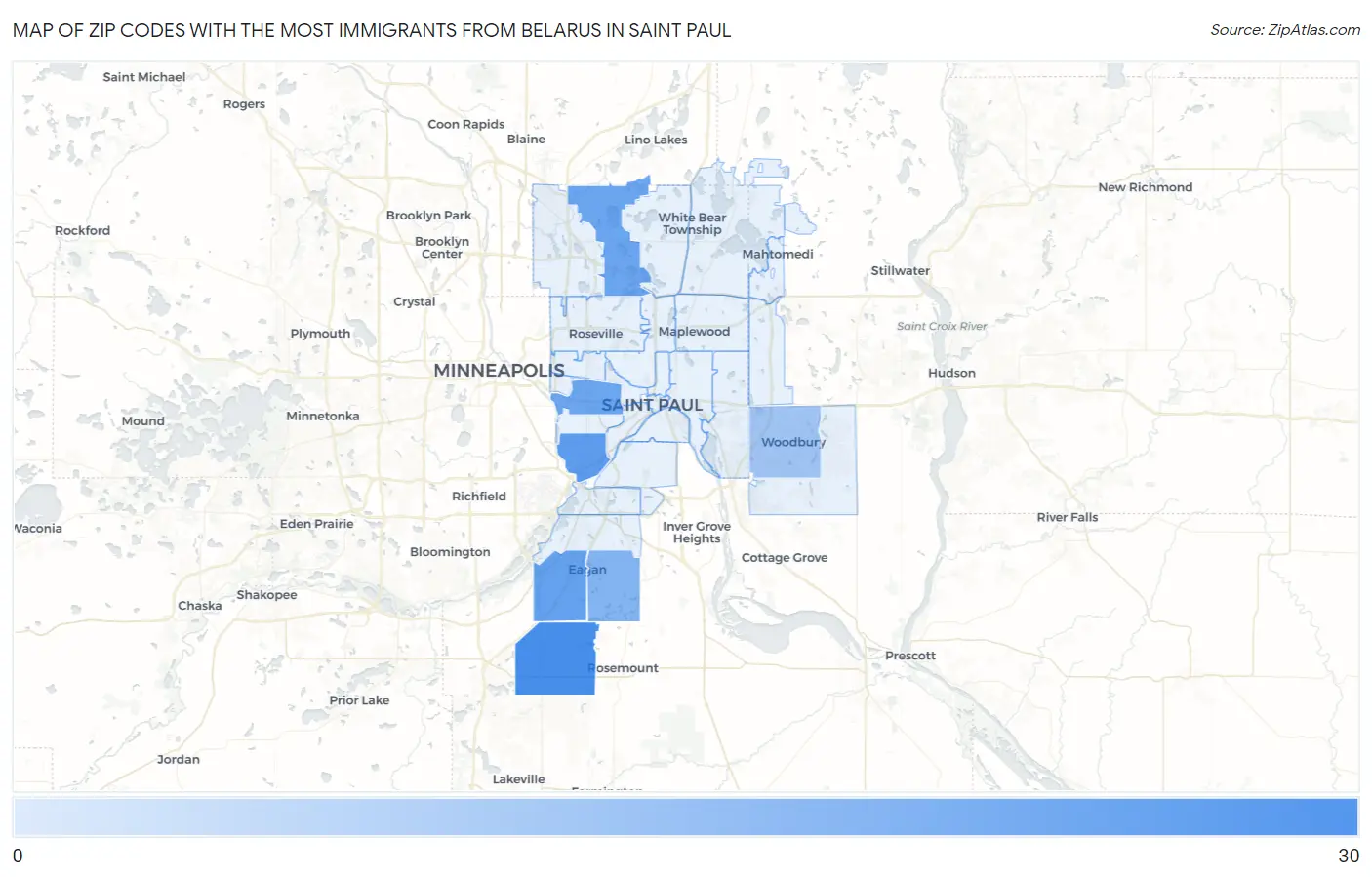 Zip Codes with the Most Immigrants from Belarus in Saint Paul Map