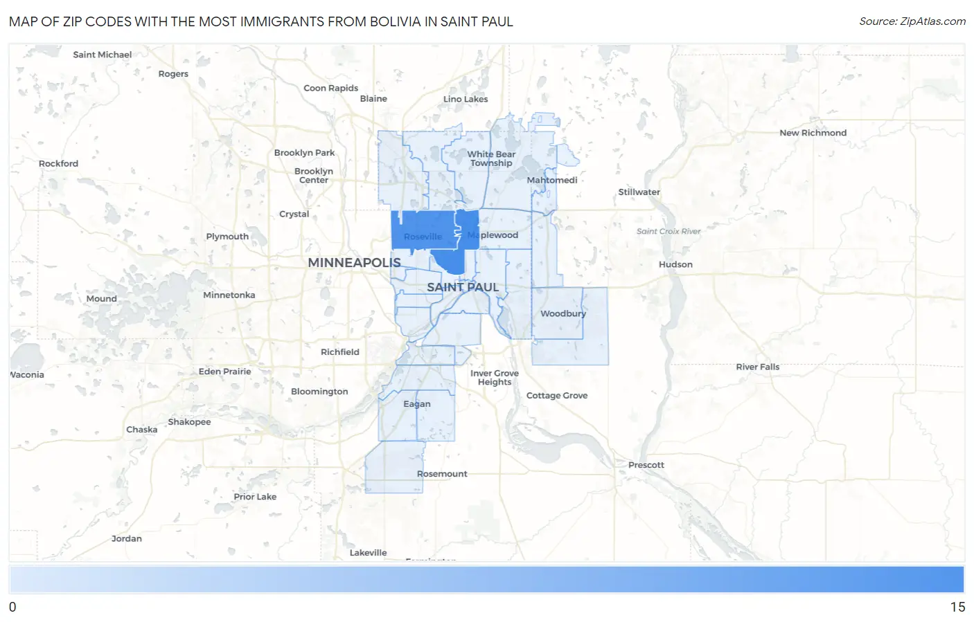 Zip Codes with the Most Immigrants from Bolivia in Saint Paul Map