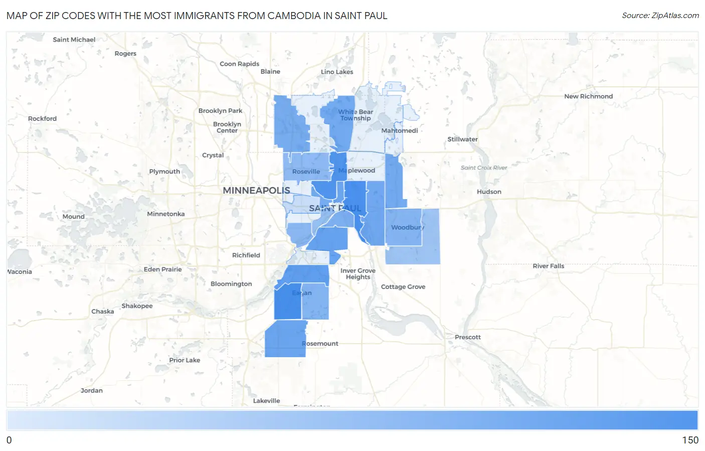 Zip Codes with the Most Immigrants from Cambodia in Saint Paul Map