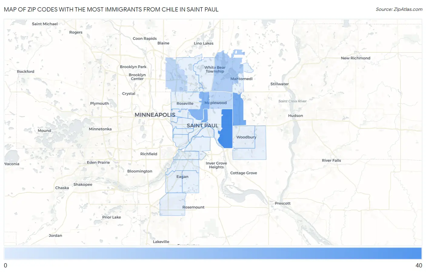 Zip Codes with the Most Immigrants from Chile in Saint Paul Map