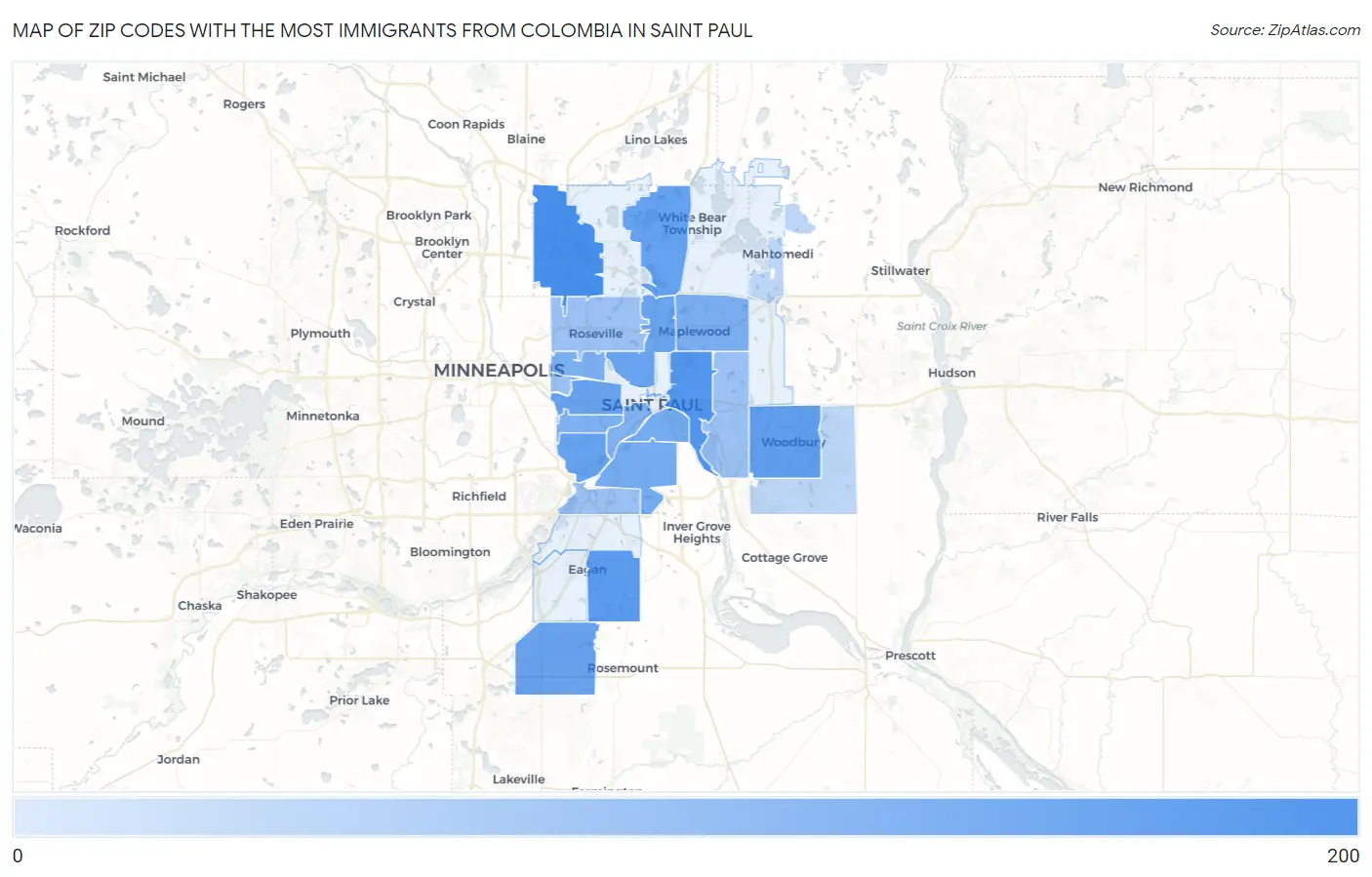 Zip Codes with the Most Immigrants from Colombia in Saint Paul Map