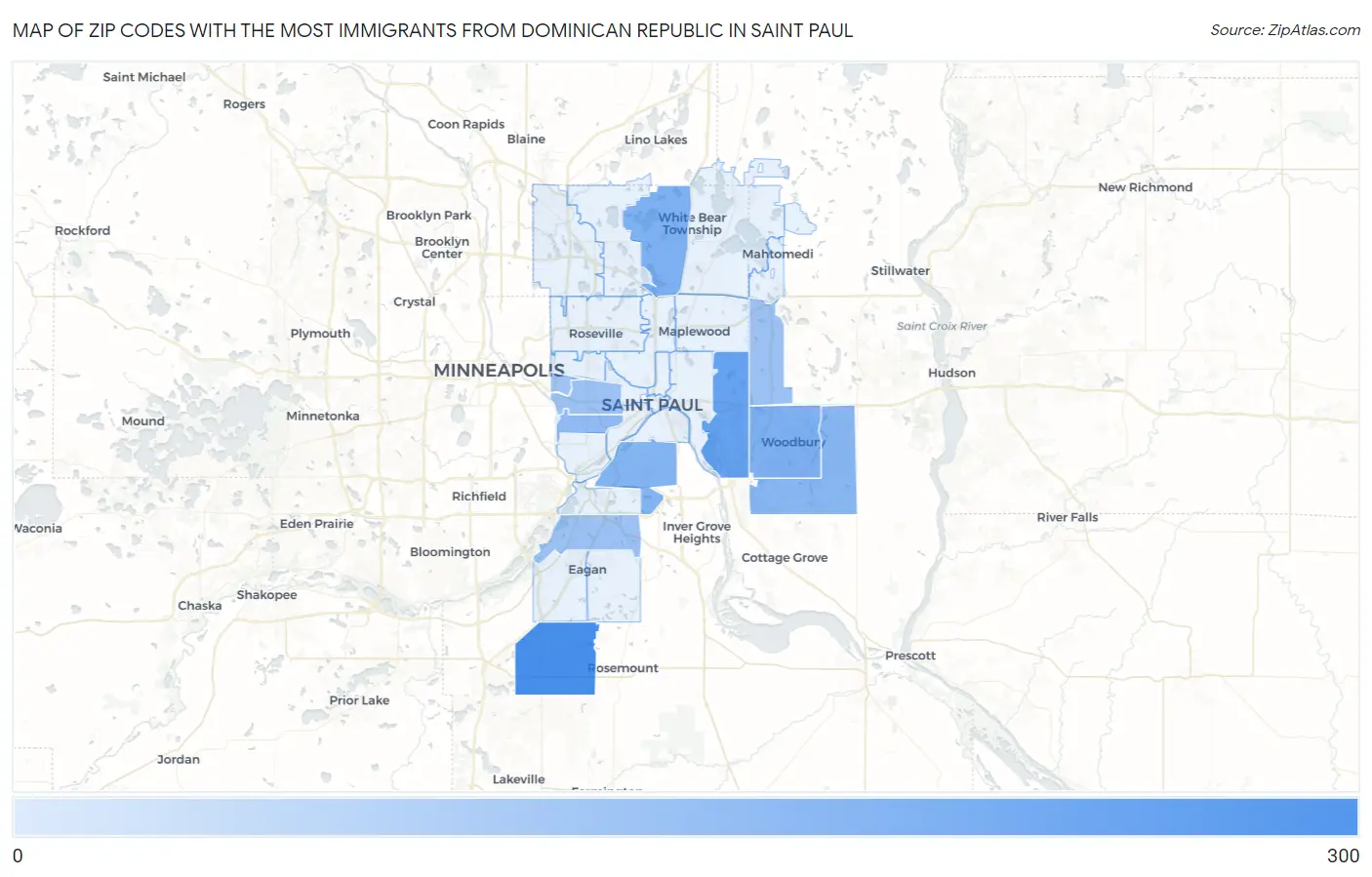 Zip Codes with the Most Immigrants from Dominican Republic in Saint Paul Map
