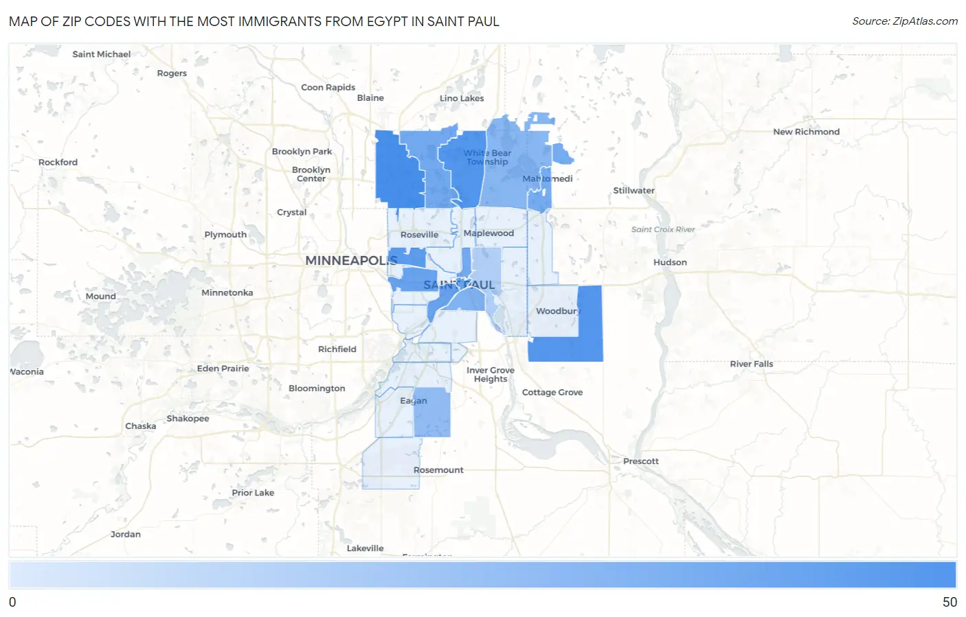 Zip Codes with the Most Immigrants from Egypt in Saint Paul Map