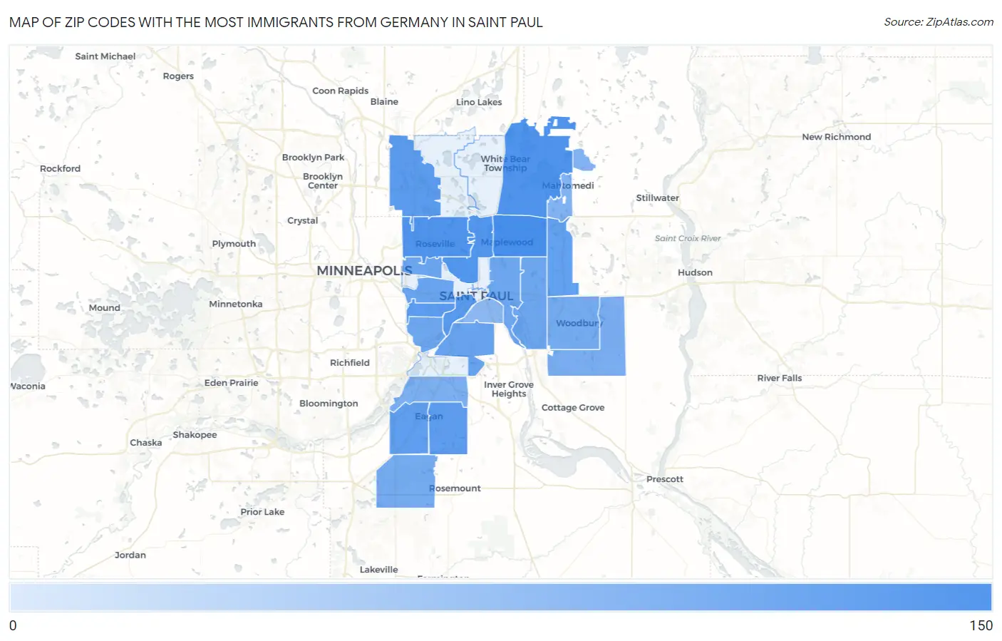 Zip Codes with the Most Immigrants from Germany in Saint Paul Map