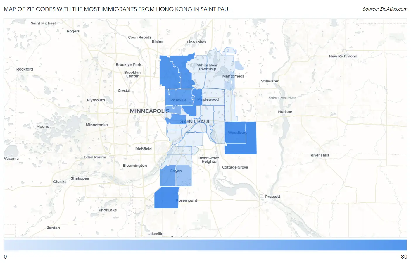 Zip Codes with the Most Immigrants from Hong Kong in Saint Paul Map