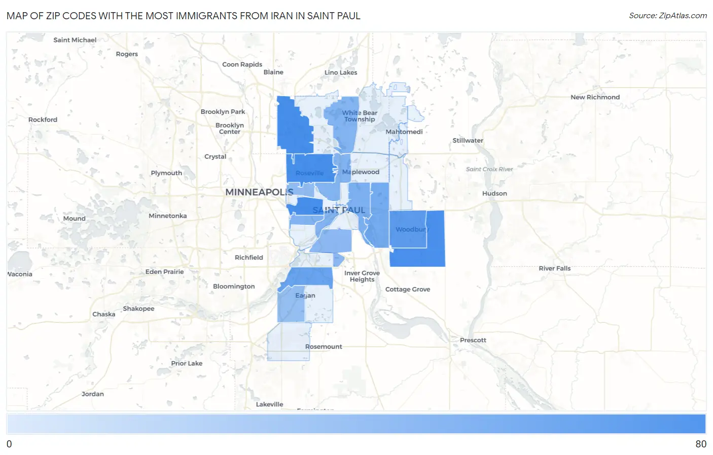 Zip Codes with the Most Immigrants from Iran in Saint Paul Map