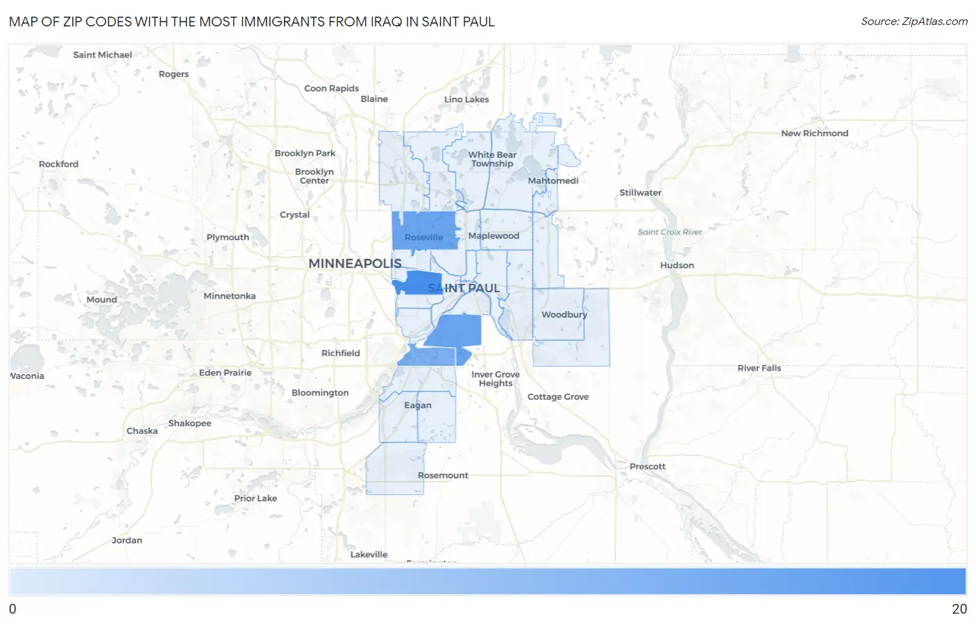 Zip Codes with the Most Immigrants from Iraq in Saint Paul Map