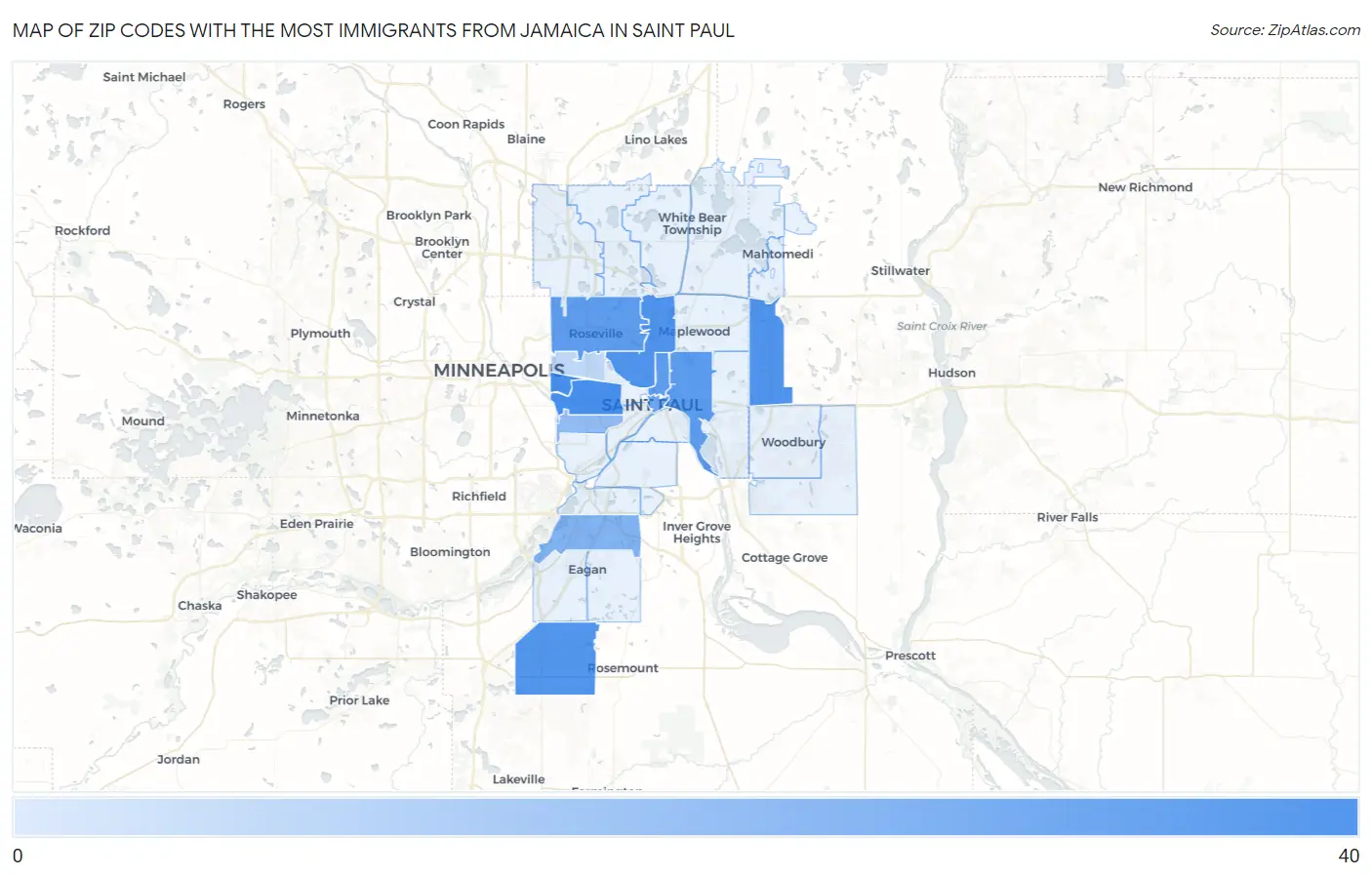 Zip Codes with the Most Immigrants from Jamaica in Saint Paul Map