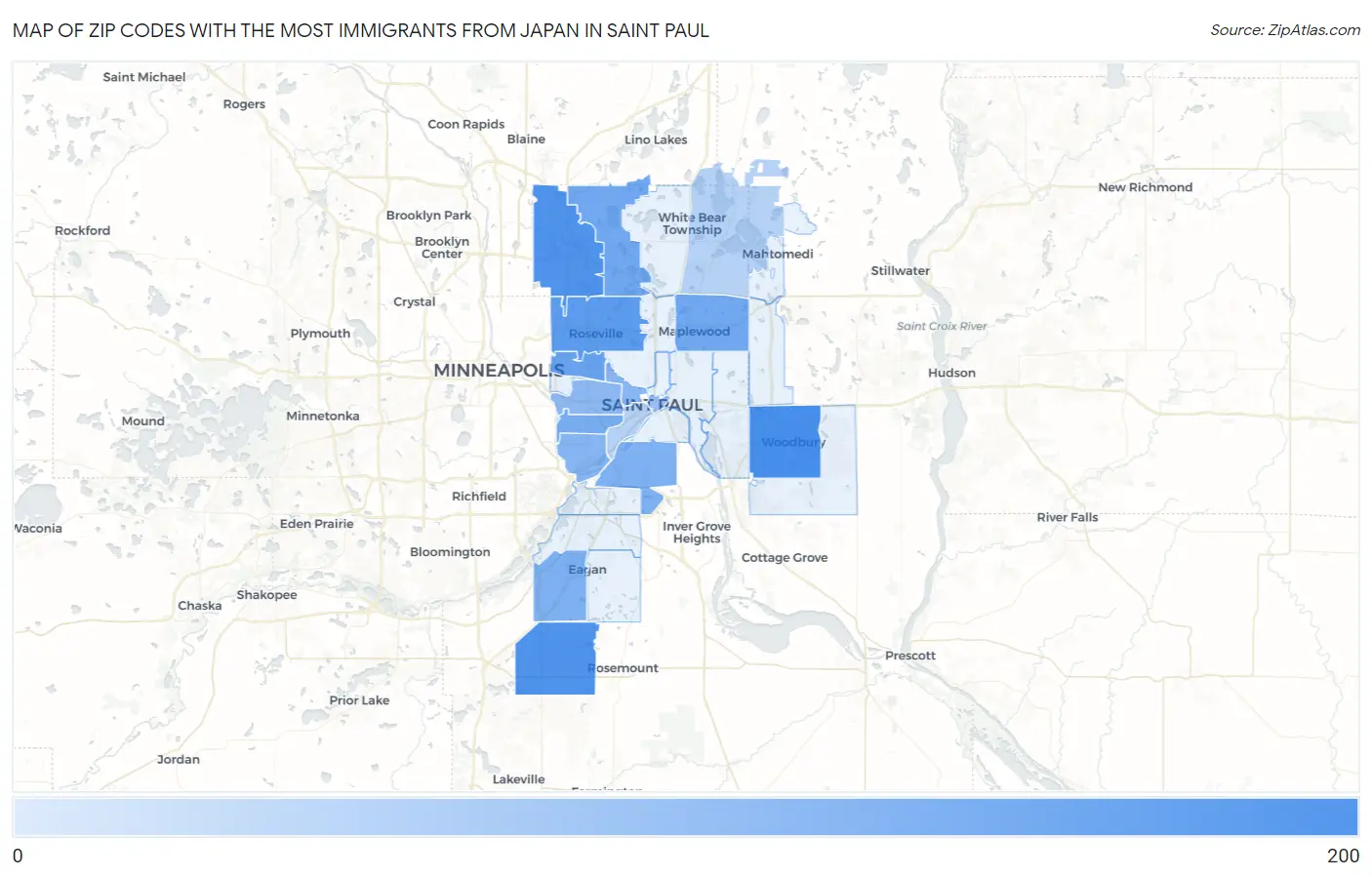 Zip Codes with the Most Immigrants from Japan in Saint Paul Map