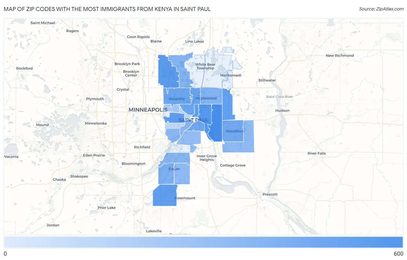 Zip Codes with the Most Immigrants from Kenya in Saint Paul Map