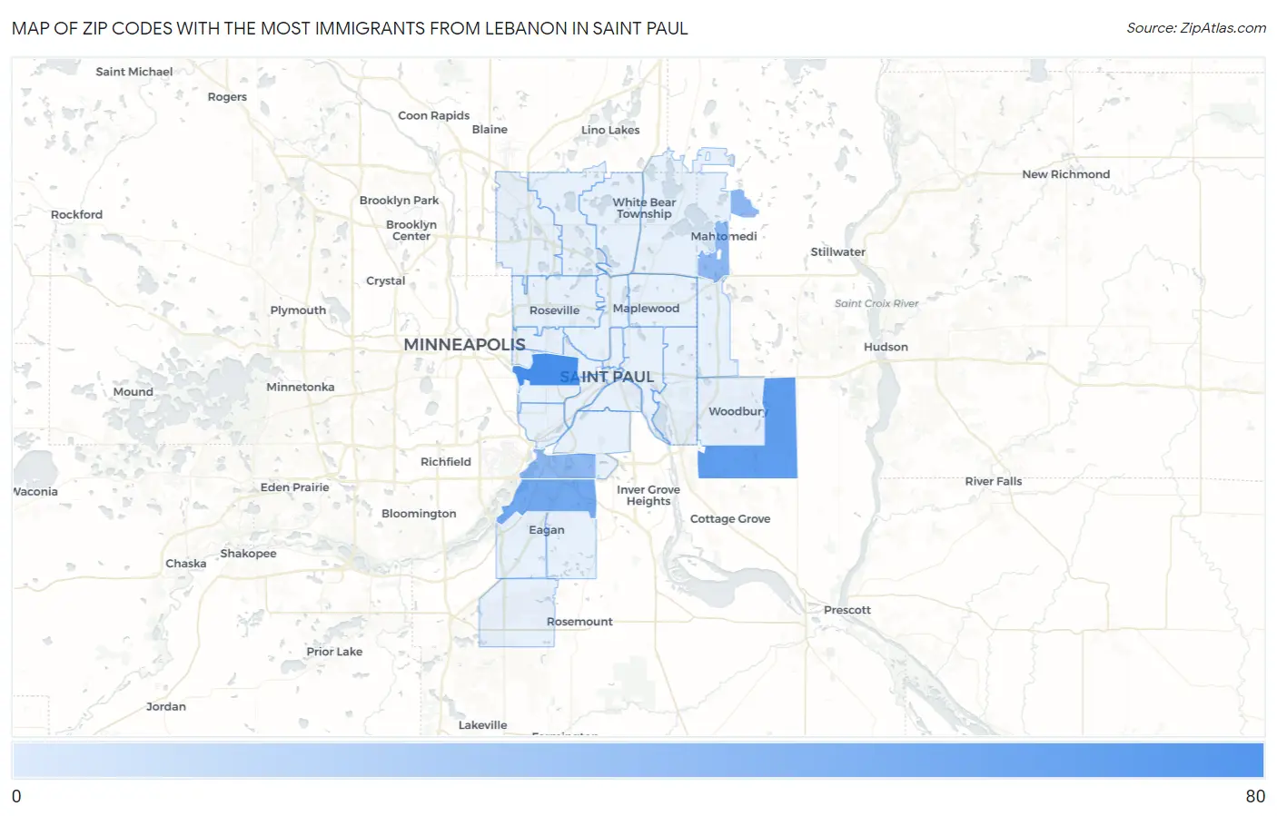 Zip Codes with the Most Immigrants from Lebanon in Saint Paul Map