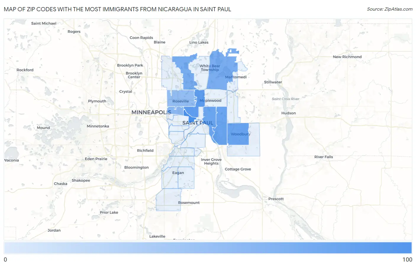 Zip Codes with the Most Immigrants from Nicaragua in Saint Paul Map