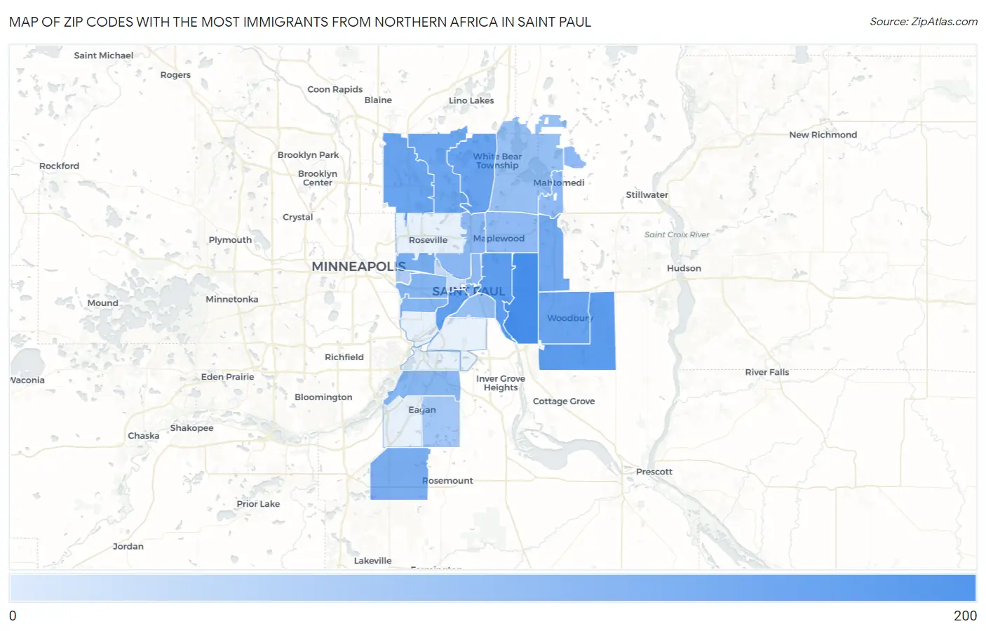 Zip Codes with the Most Immigrants from Northern Africa in Saint Paul Map