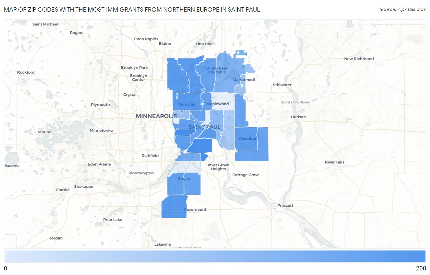 Zip Codes with the Most Immigrants from Northern Europe in Saint Paul Map