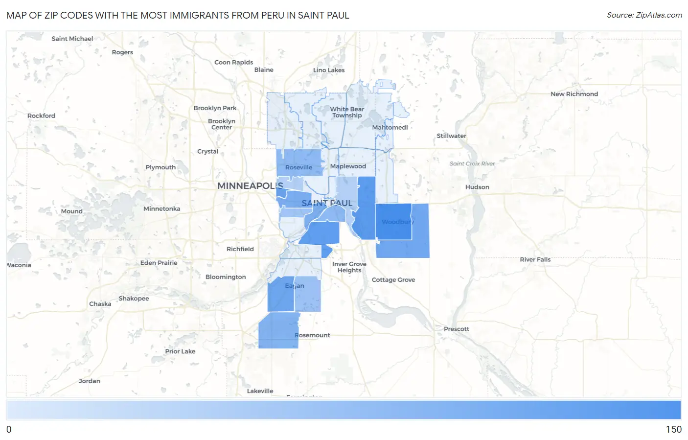 Zip Codes with the Most Immigrants from Peru in Saint Paul Map