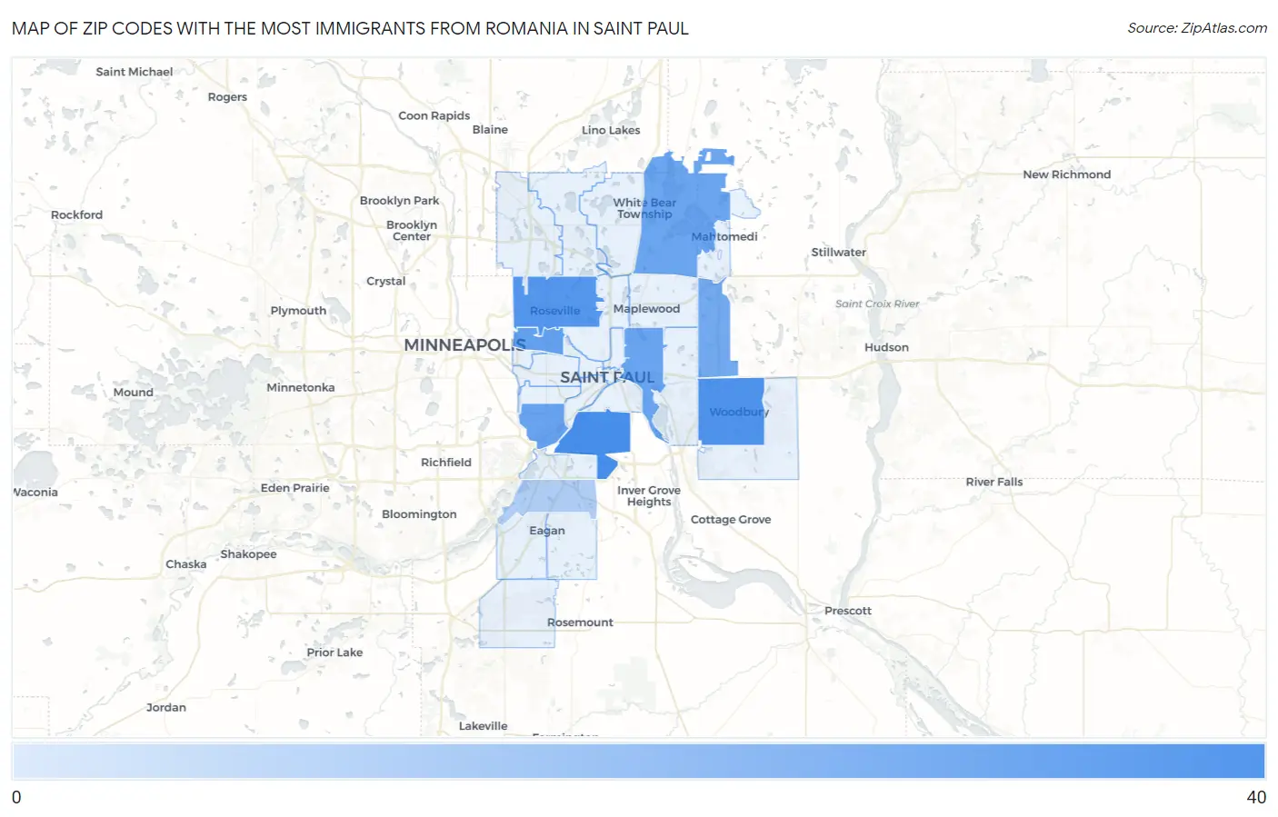 Zip Codes with the Most Immigrants from Romania in Saint Paul Map
