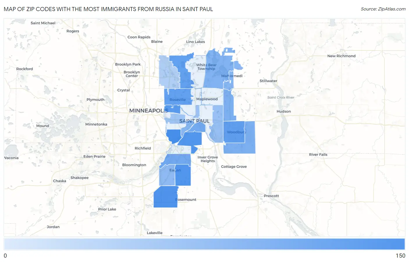 Zip Codes with the Most Immigrants from Russia in Saint Paul Map