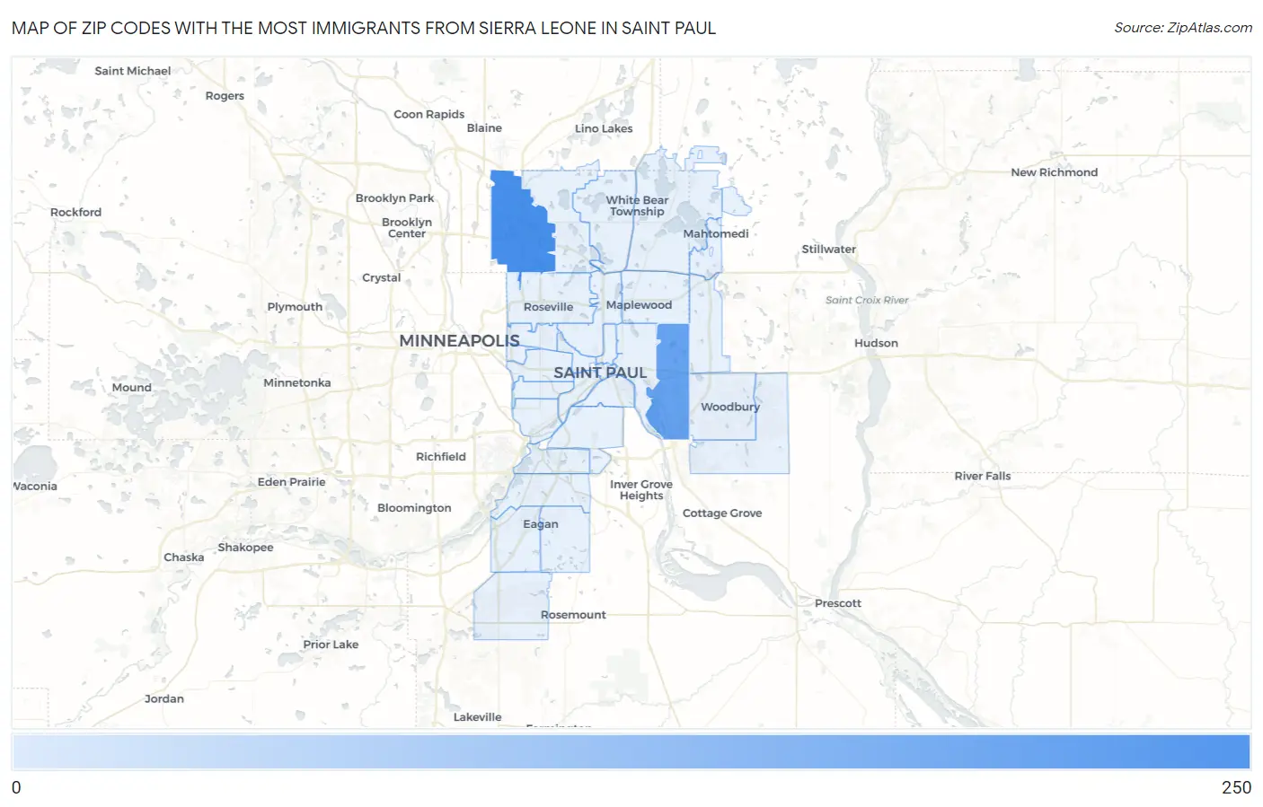 Zip Codes with the Most Immigrants from Sierra Leone in Saint Paul Map