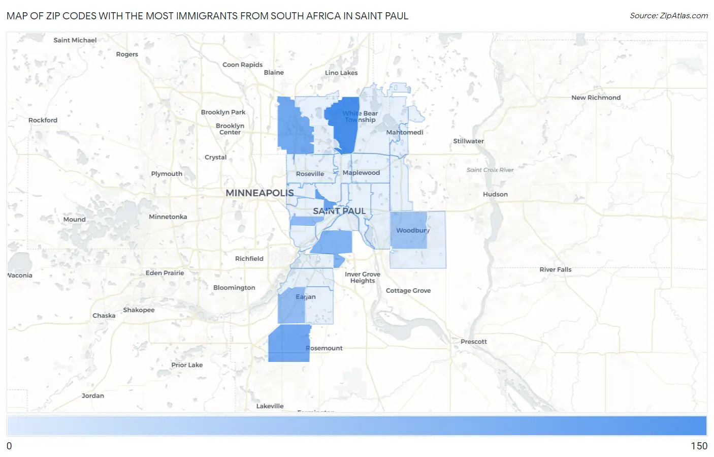 Zip Codes with the Most Immigrants from South Africa in Saint Paul Map
