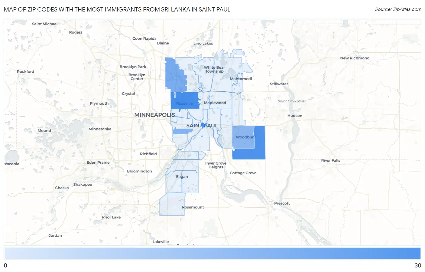 Zip Codes with the Most Immigrants from Sri Lanka in Saint Paul Map
