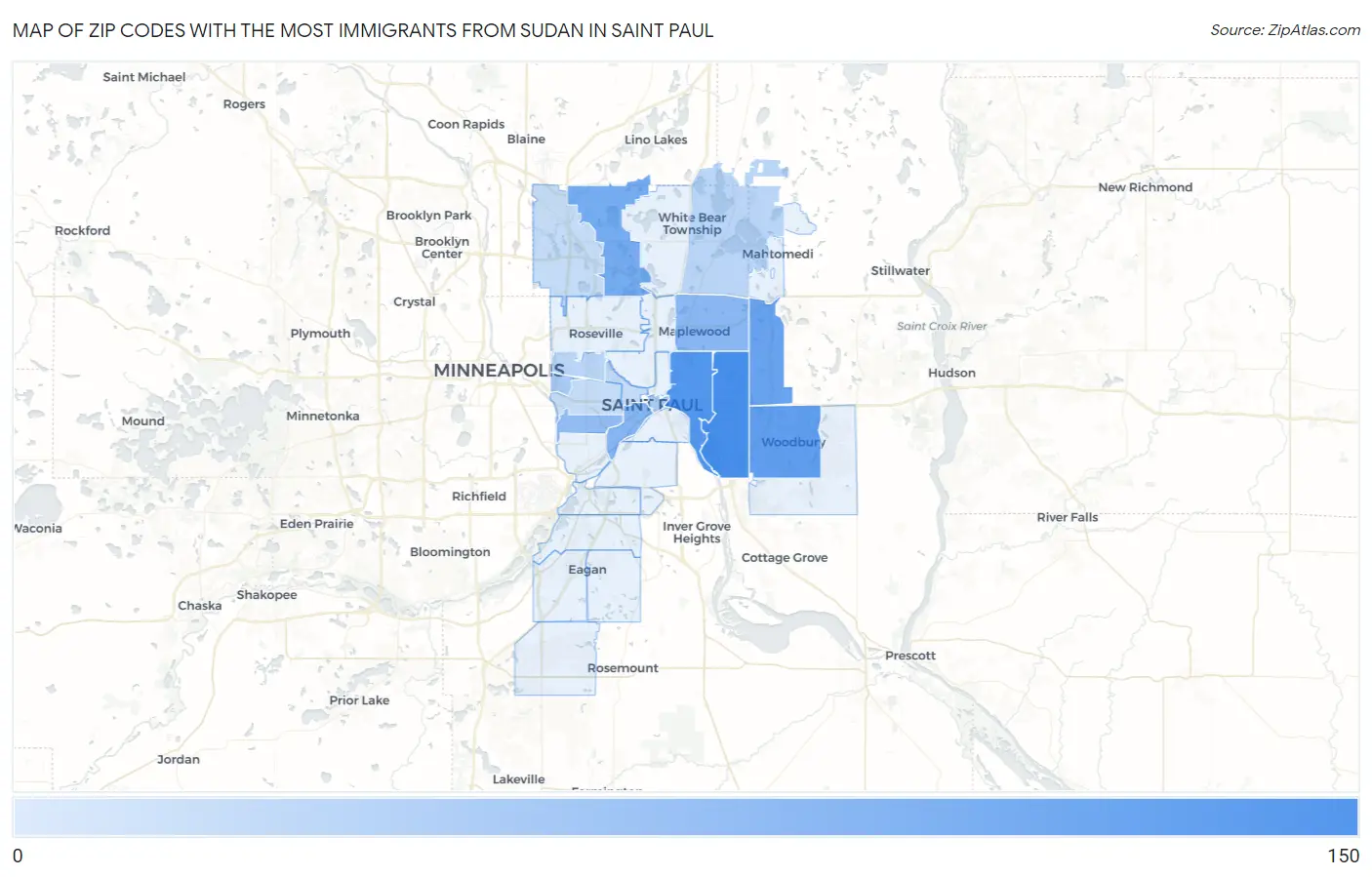 Zip Codes with the Most Immigrants from Sudan in Saint Paul Map