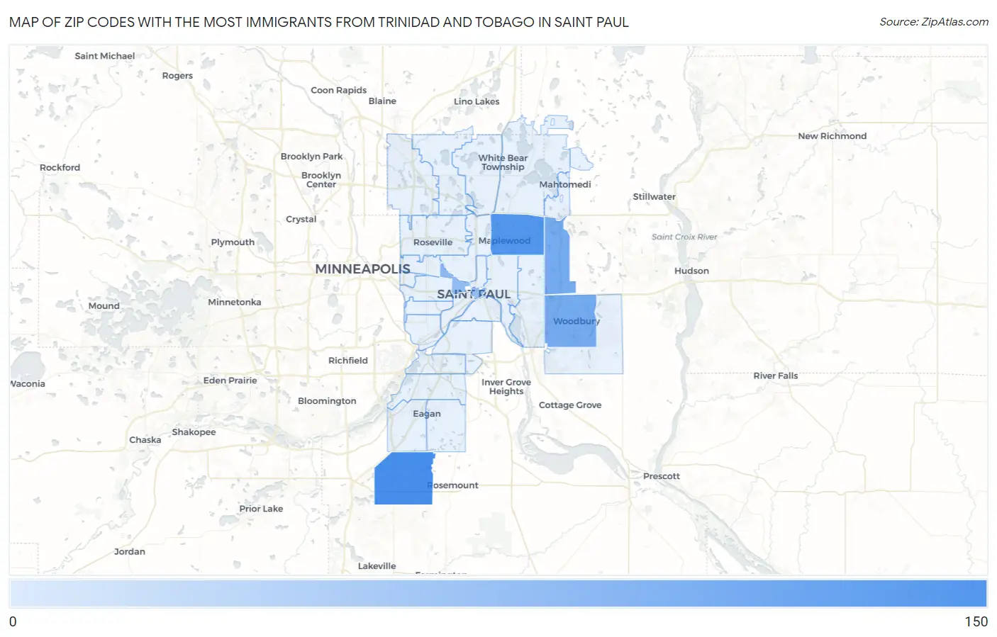 Zip Codes with the Most Immigrants from Trinidad and Tobago in Saint Paul Map