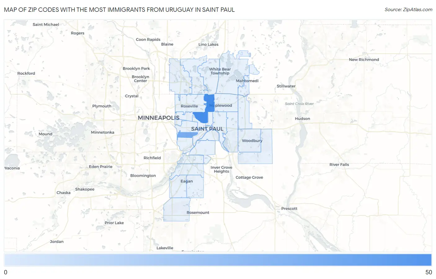 Zip Codes with the Most Immigrants from Uruguay in Saint Paul Map