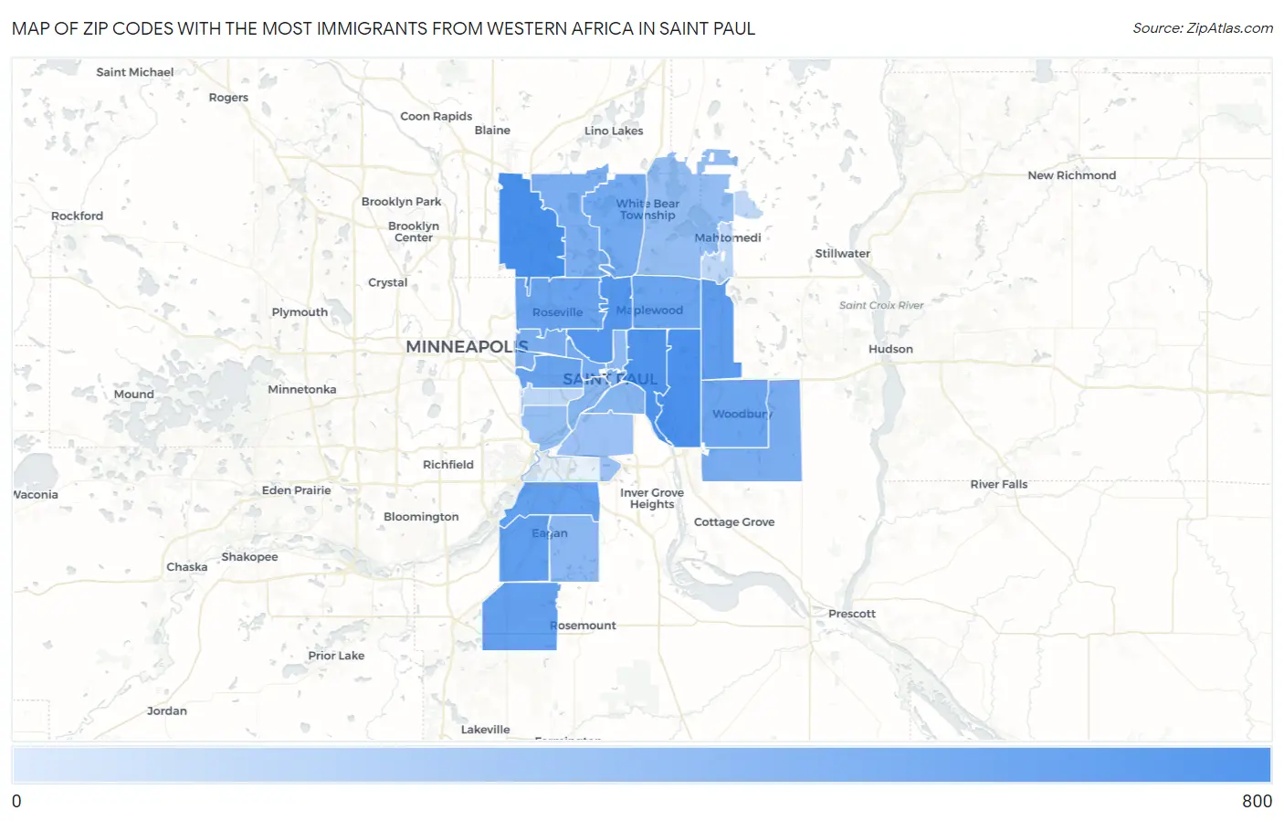 Zip Codes with the Most Immigrants from Western Africa in Saint Paul Map