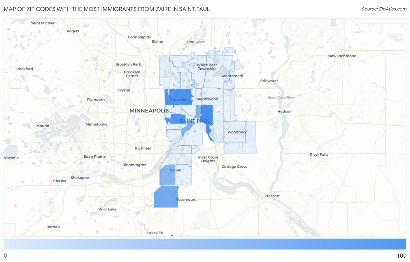 Zip Codes with the Most Immigrants from Zaire in Saint Paul Map