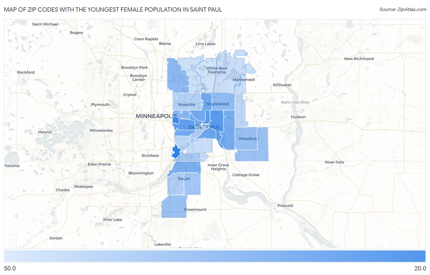 Zip Codes with the Youngest Female Population in Saint Paul Map