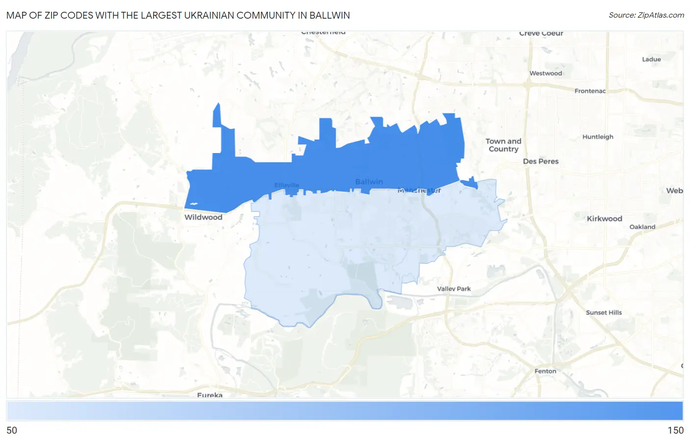 Zip Codes with the Largest Ukrainian Community in Ballwin Map