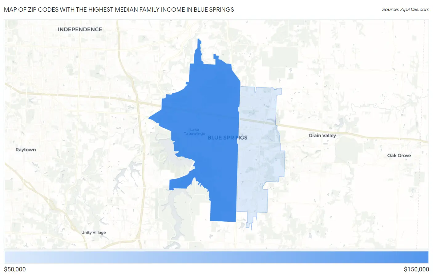 Zip Codes with the Highest Median Family Income in Blue Springs Map