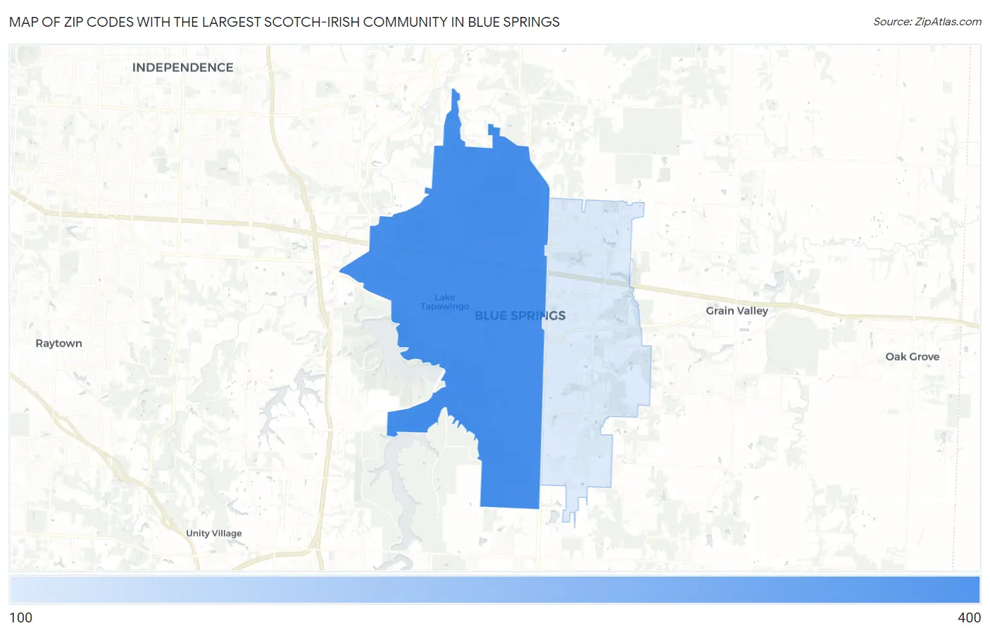 Zip Codes with the Largest Scotch-Irish Community in Blue Springs Map