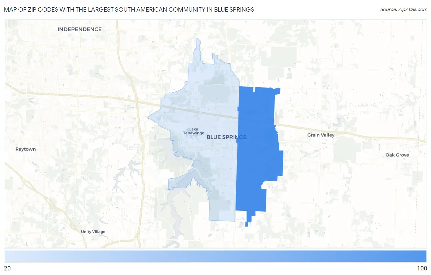 Zip Codes with the Largest South American Community in Blue Springs Map